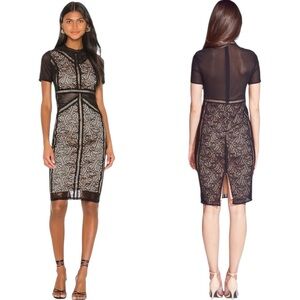 Bardot Elsie Black Lace Sheath Dress Mesh Short Sleeve Cocktail Midi Goth Size M